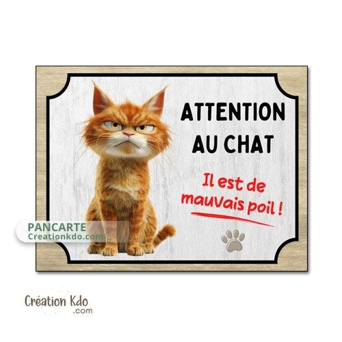 plaque humour attention au chat roux de mauvais poils panneau