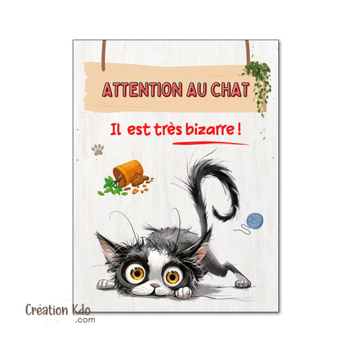 Plaque humour Attention au chat il est très bizarre (pelage noir et blanc) Panneau