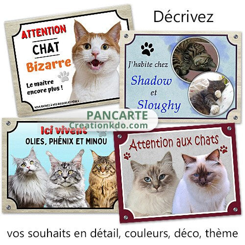 plaque attention au chat personnalisée avec votre photo panneau texte prénom humour chien portail