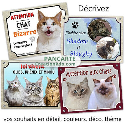 plaque attention au chat personnalisée avec votre photo panneau texte prénom humour chien portail