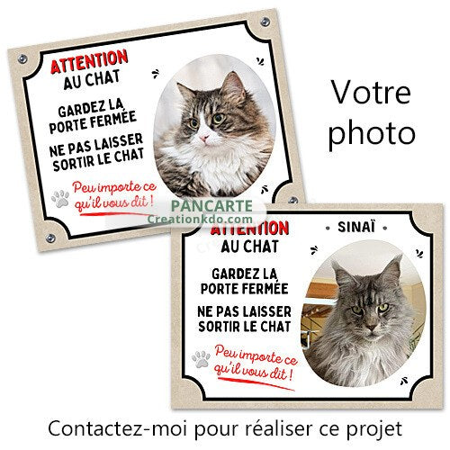 plaque attention au chat personnalisé portail panneau monte la garde