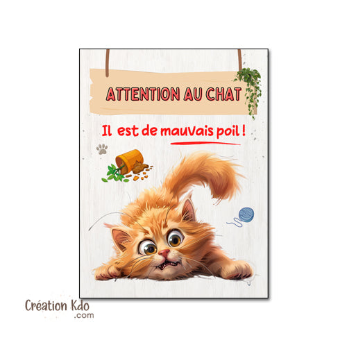 plaque humour attention au chat de mauvais poil panneau