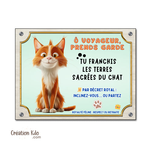 plaque humour attention au chat roux et blanc pancarte marrante panneau