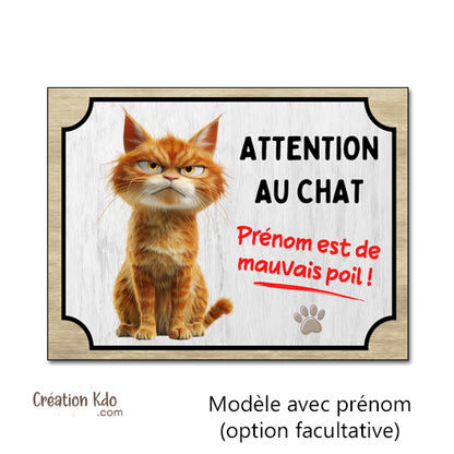 plaque humour attention au chat roux de mauvais poils panneau personnalisé prénom