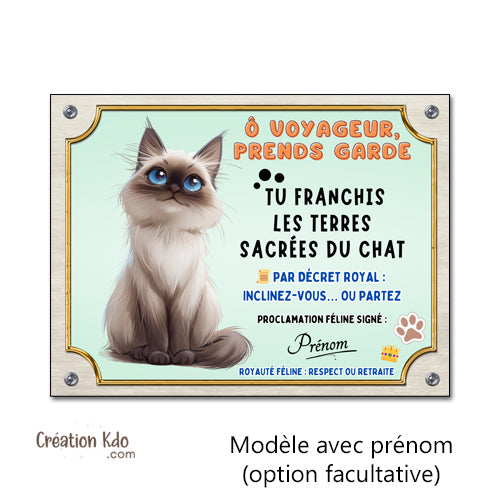 plaque humour attention au chat sacré de birmanie pancarte marrante panneau personnalisé prénom