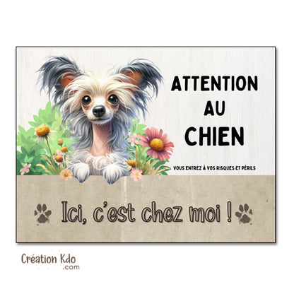 plaque chien chinois à crête attention au chien panneau portail je monte la garde