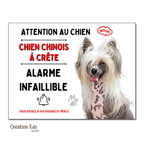 Plaque Attention au Chien Chinois à crête humour Alarme infaillible panneau portail