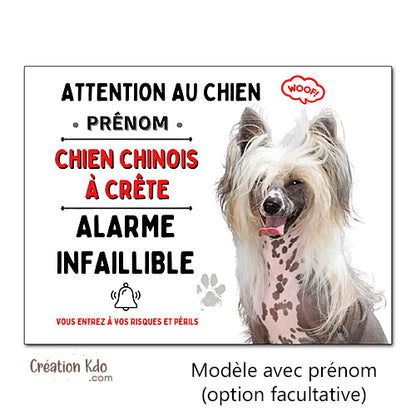 Plaque Attention au Chien Chinois à crête humour Alarme infaillible panneau portail