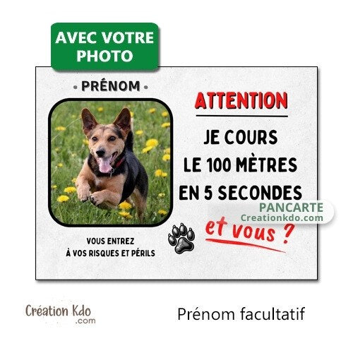 plaque chien je cours le 100 mètres panneau personnalisée photo portail monte la garde