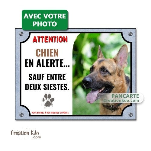 plaque photo personnalisée chien en alerte panneau humour monte la garde pancarte