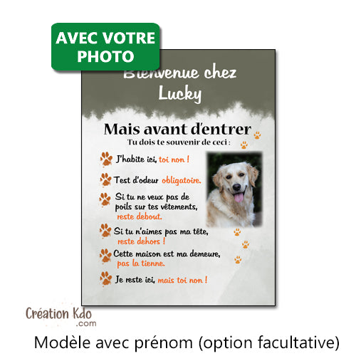 plaque chien bienvenue chez moi personnalisé photo mais avant d'entrer test odeur pancarte panneau