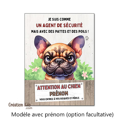 plaque humour bouledogue français panneau attention au chien drôle prénom