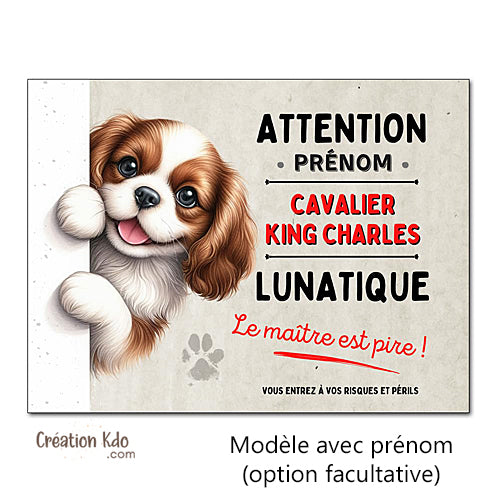 Plaque Cavalier King Charles Attention au chien panneau portail