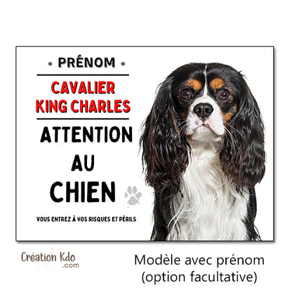 Plaque Cavalier King Charles Attention au chien panneau portail pelage tricolore