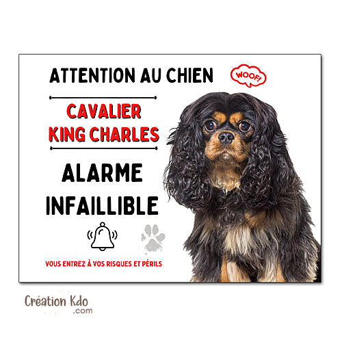 Plaque chien Cavalier King Charles noir et feu humour Alarme infaillible panneau monte la garde