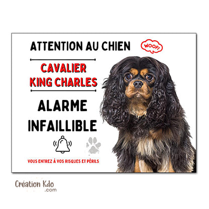 Plaque chien Cavalier King Charles noir et feu humour Alarme infaillible panneau monte la garde