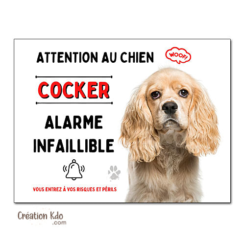 Plaque Cocker humour Alarme infaillible Panneau Attention au chien portail