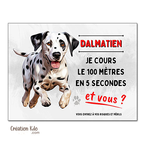 Plaque Dalmatien humour Je cours le 100 mètres Panneau attention au chien portail