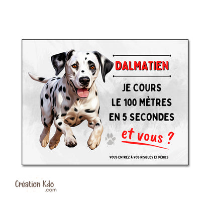 Plaque Dalmatien humour Je cours le 100 mètres Panneau attention au chien portail