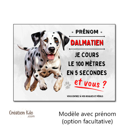 Plaque Dalmatien humour Je cours le 100 mètres Panneau attention au chien portail photo