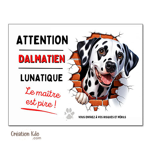 Plaque Dalmatien Panneau humour chien lunatique le maître est pire