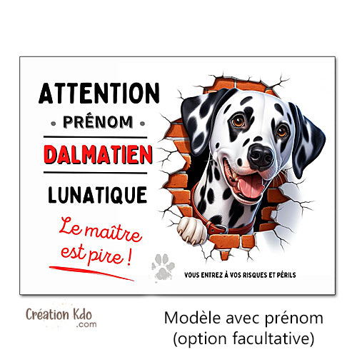 Plaque Dalmatien Panneau humour chien lunatique le maître est pire