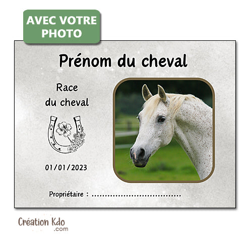 Plaque de box avec votre photo Panneau cheval personnalisé tons gris