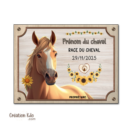 Plaque de box cheval personnalisée panneau d'écurie nom, race, année pancarte dessin animé equestre équitation