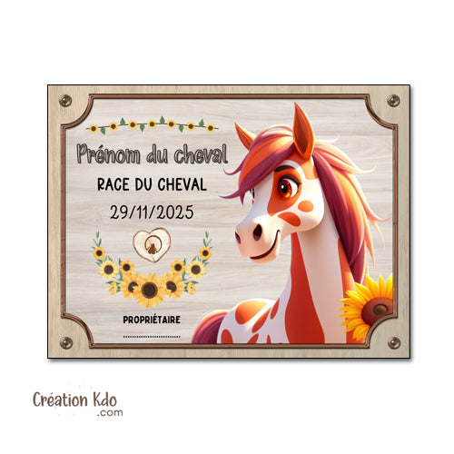 Plaque de box cheval personnalisée panneau d'écurie nom, race, année pancarte dessin animé equestre équitation