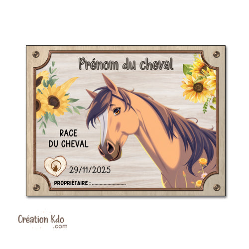 Plaque de box cheval marron à personnaliser panneau d'écurie nom, race, année pancarte equestre équitation spirit disney