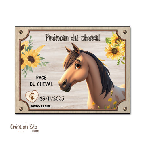 Plaque de box cheval spirit marron à personnaliser panneau d'écurie nom, race, année