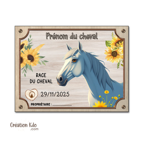 plaque de box cheval gris personnalisée panneau écurie chevaux race naissance nom pancarte aluminium