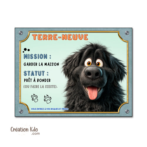 Plaque Terre-Neuve Humour "Mission Garde & Sieste" - Panneau Portail Style Cartoon
