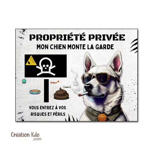 propriété privée panneau berger blanc suisse monte la garde plaque chien humour
