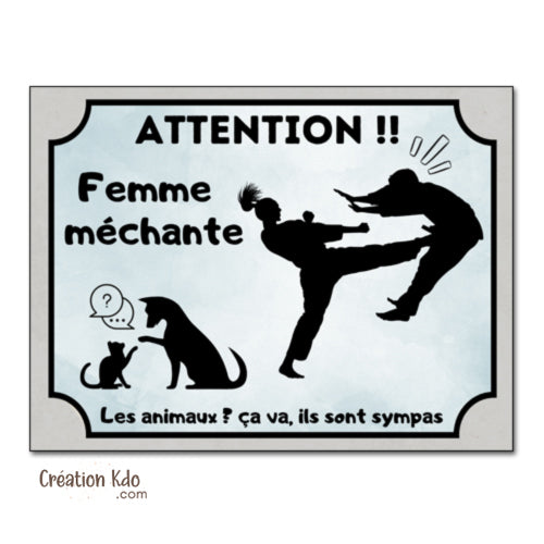 Plaque humour Attention !! Femme méchante Panneau Version animaux chat et chien