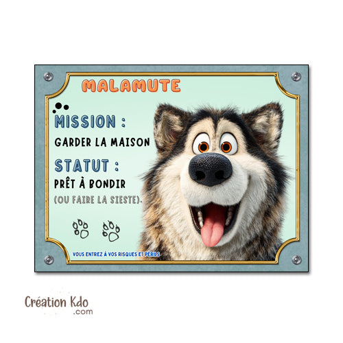Plaque Malamute de l'Alaska Humour "Mission : Garder la Maison" Panneau rigolo chien
