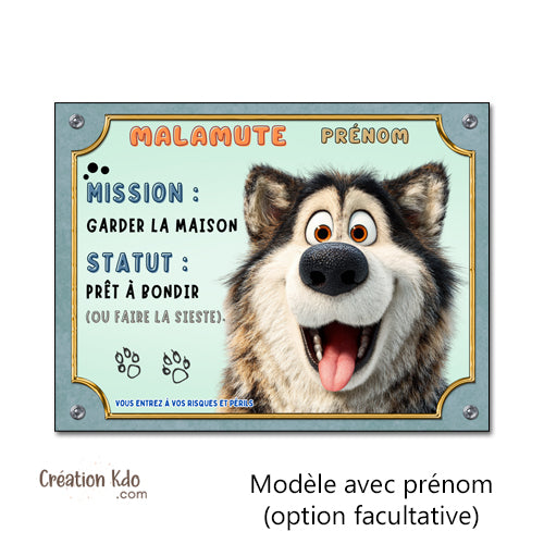 Plaque Malamute de l'Alaska Humour "Mission : Garder la Maison" Panneau rigolo chien personnalisé prénom