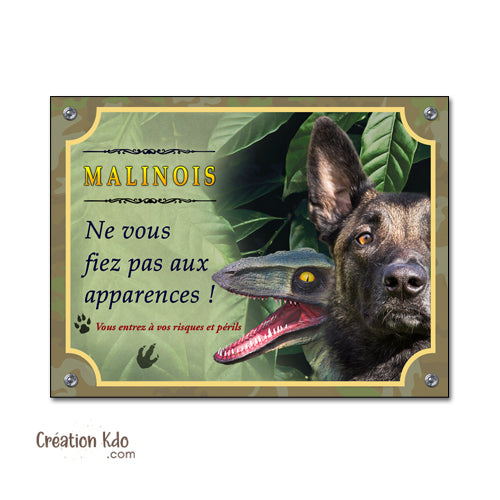 plaque humour malinois raptor dinosaure panneau portail chien
