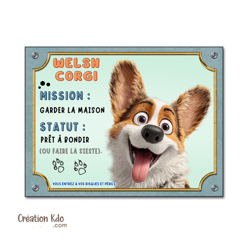 Plaque Humour Chien Welsh Corgi - Panneau de Garde Rigolo Mission