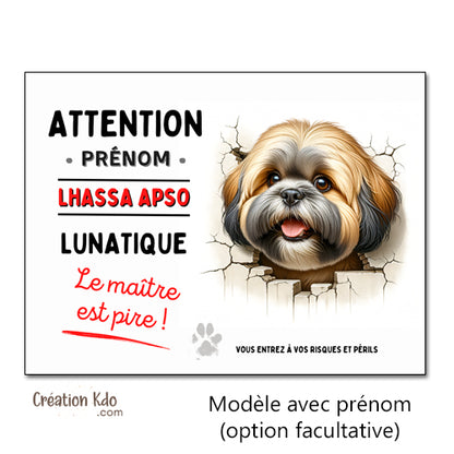 plaque attention au chien lhassa apso lunatique panneau monte la garde à personnaliser