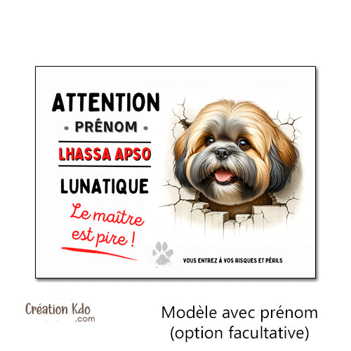 plaque attention au chien lhassa apso lunatique panneau monte la garde humour personalisé