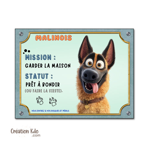 plaque malinois chien humour cartoon je monte la garde panneau portail