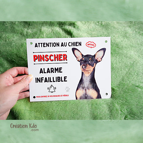 Plaque humour Alarme infaillible Attention au chien Pinscher noir et feu Panneau