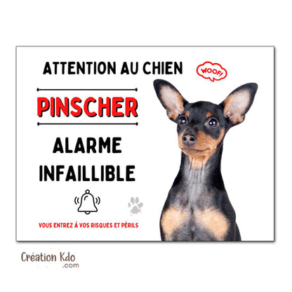 Plaque humour Alarme infaillible Attention au chien Pinscher noir et feu Panneau