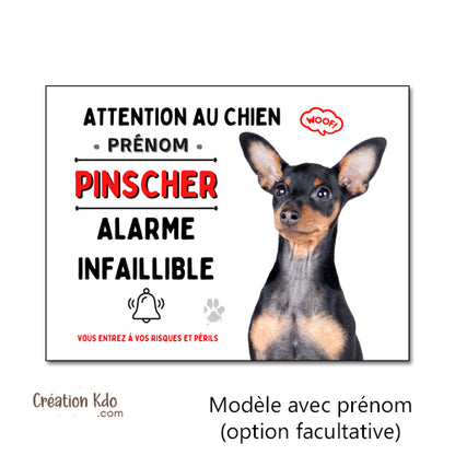 Plaque humour Alarme infaillible Attention au chien Pinscher noir et feu Panneau photo