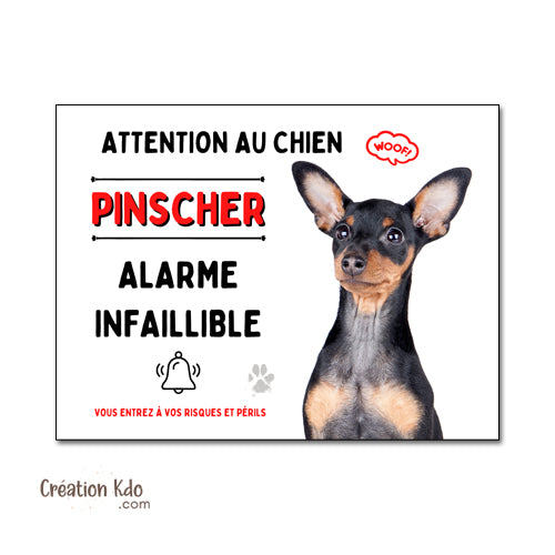 Plaque humour Alarme infaillible Attention au chien Pinscher noir et feu Panneau