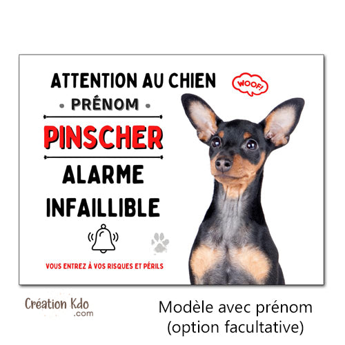 Plaque humour Alarme infaillible Attention au chien Pinscher noir et feu Panneau