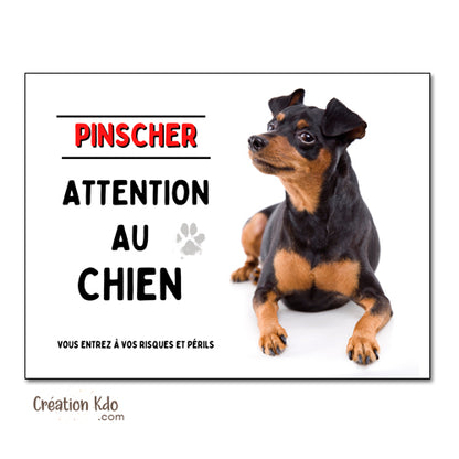 Plaque Attention au chien Pinscher noir et feu Panneau de portail