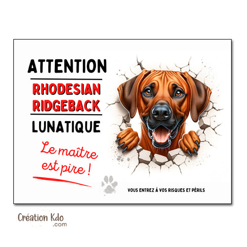 Rhodesian Ridgeback plaque panneau monte la garde chien lunatique humour
