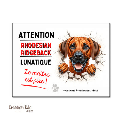 Rhodesian Ridgeback plaque panneau monte la garde chien lunatique humour